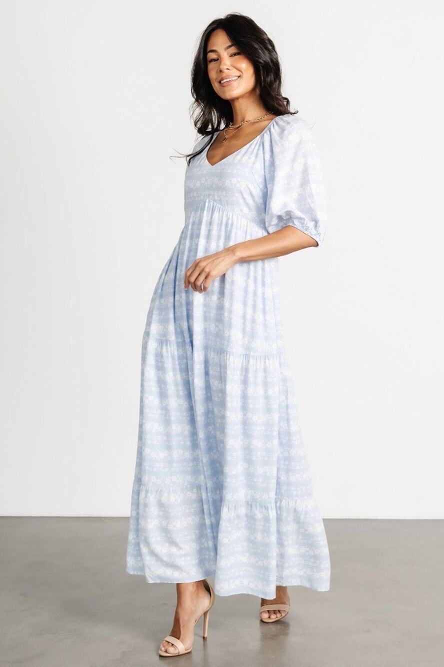Baltic Born Adalee Light Blue Floral Tiered Maxi Dress Sz 3XL V Neck Half Sleeve